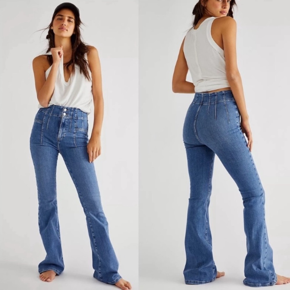 NEW Free People Jayde Retro High Waist Stretch Sunburst Blue Flare Jeans Size 29